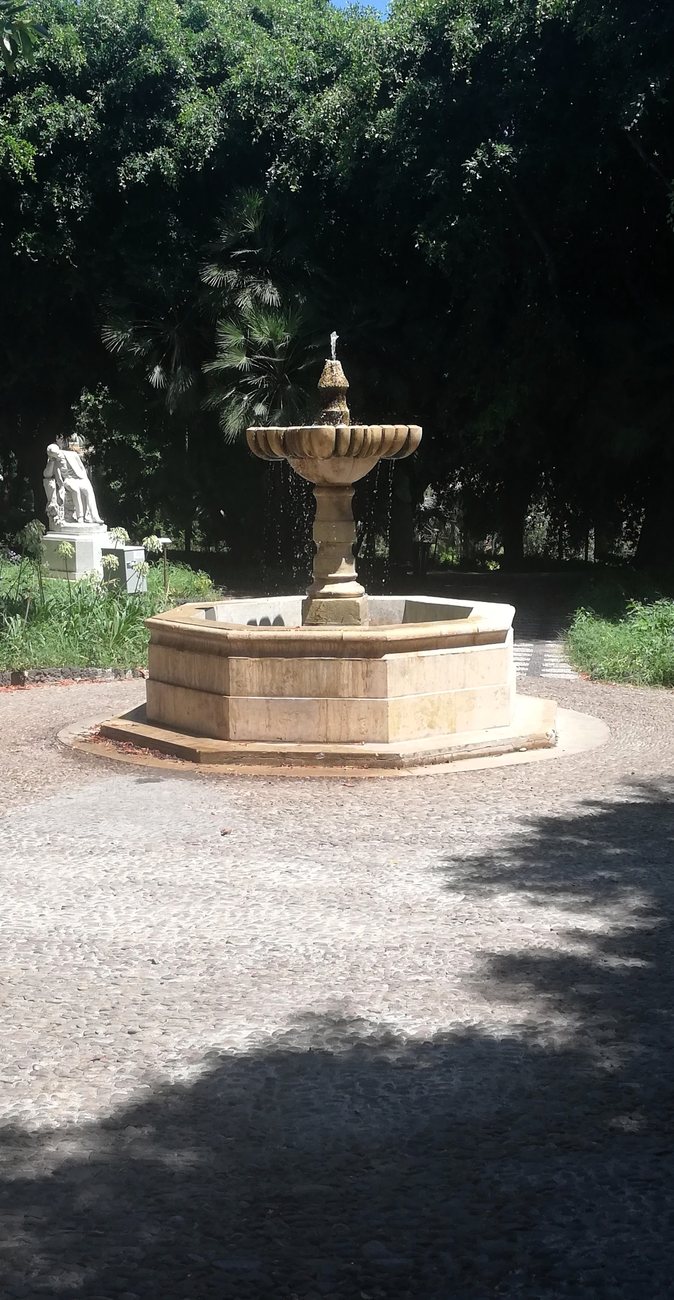 Una fontana del giardino all'ombra degli alberi
